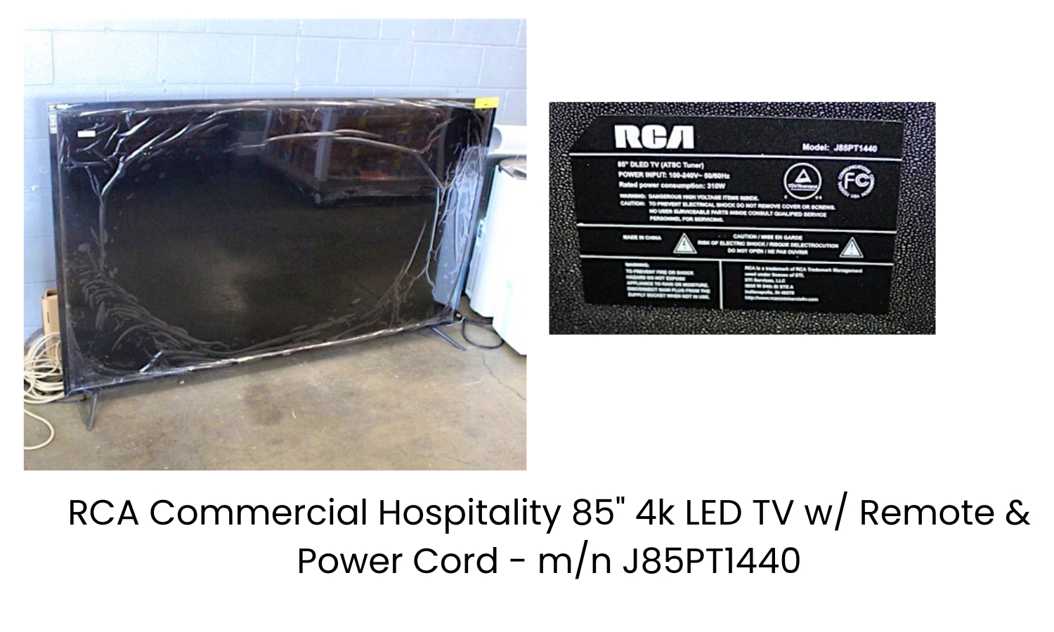 RCA Commercial Hospitality 85 4k LED TV w Remote & Power Cord   mn J85PT1440
